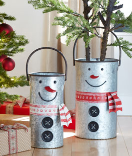 Set of 2 Nesting Galvanized Snowmen Buckets With Handles  16 -18 Inch