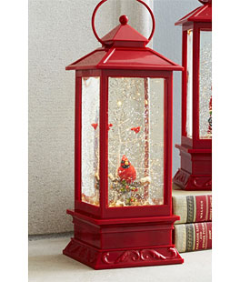 Red Lighted Snow Globe With Cardinals In Swirling Glitter - 11 Inch