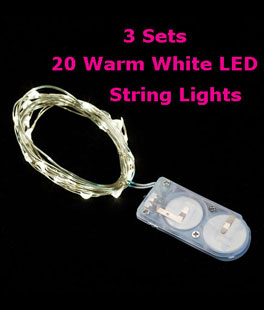 3 PACK - 20 Warm White LED Battery Mini Lights on Flexible Wire - Submersible
