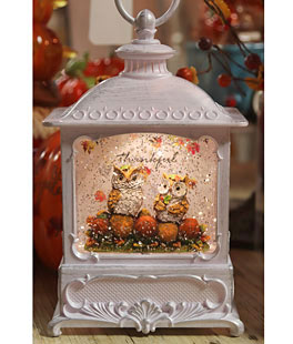 Owls Autumn Scene Lighted Fall Water Lantern With Swirling Glitter