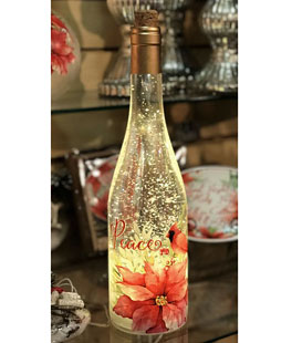 Lighted Wine Bottle With Swirling Glitter Peace Poinsettia Design With Cardinals Snow Globe