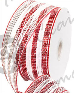 Deco Poly Mesh Ribbon - Metallic Red and White Striped 2.5 Inch Wide