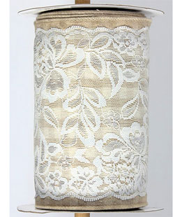 Cream and White Sack Cloth Check - Lace Overlay - 6 Inch x 5 Yards