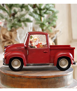 Lighted Red Truck Water Lantern With Santa In Swirling Glitter