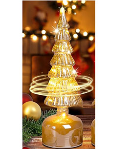 Light Up Rotating Gold Glitter Glass Christmas Tree 13 Inch Battery Operated - New 2024