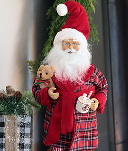 Tall 17.5 Inch Santa Figurine In Robe With Teddy and Hot Cocoa