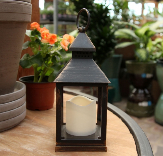 Battery Operated Fire Flame Black Flameless Lantern - 5 Hour Timer