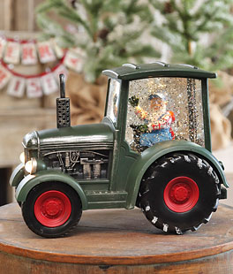 Lighted Green Tractor Water Lantern With Santa In Swirling Glitter