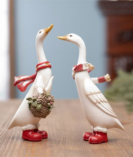 Christmas Goose Figurine Set of 2 Assorted Resin  6 - 6.5 Inch
