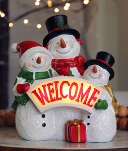 Snowmen With Light Up Welcome Sign - Battery Operated 8.6 Inch