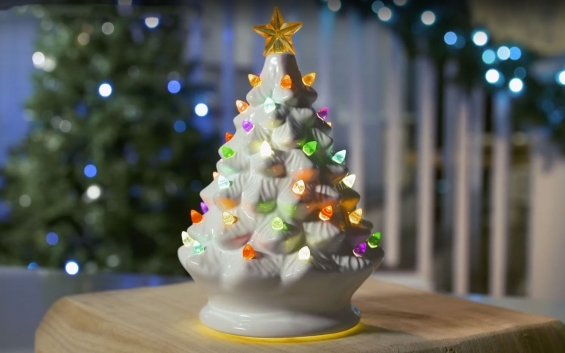 Lighted White Ceramic Dolomite Christmas Tree - Optional Music Setting  Battery Operated