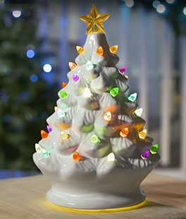 Lighted White Ceramic Dolomite Christmas Tree - Optional Music Setting Battery Operated
