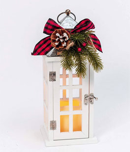 Windowpane Christmas Candle Lantern White Wood With Metal Top - Floral Accents 12.5 Inch