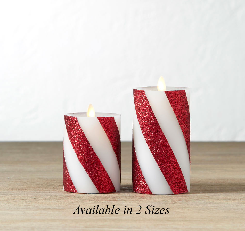 4 Inch Moving Flame Red and White Wide Peppermint Striped Christmas Candle