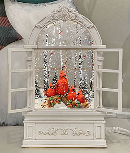 Cardinals In Arched Lighted Water Lantern With Open Shutters - USB Included